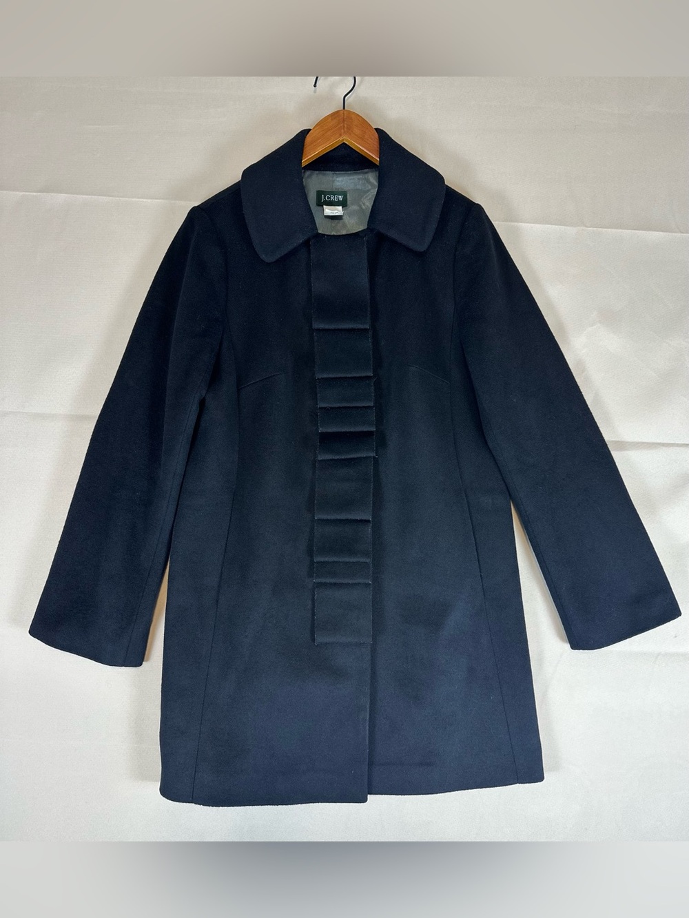 J.Crew Vintage 2009 100% Wool Ruffle Front Dress Coat Black Size 6